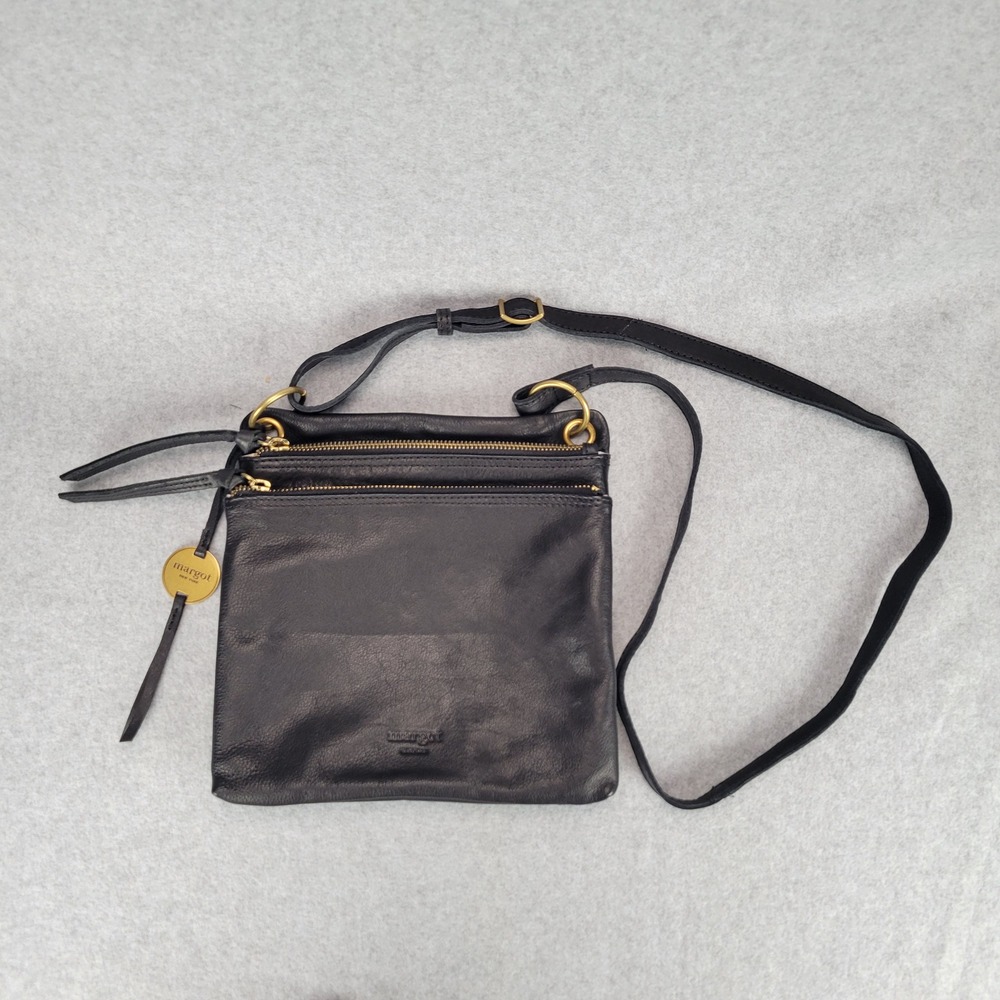 Margot NY Allie Black Soft Pebbled Leather Crossbody Bag Gold Hardware